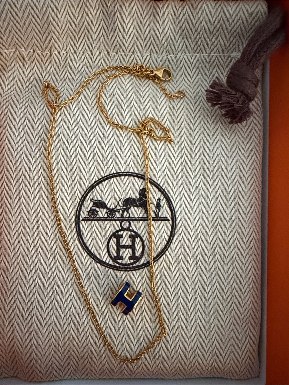 Hermes Gold H Pendant Necklace with Navy Accent - Picture 2 of 2